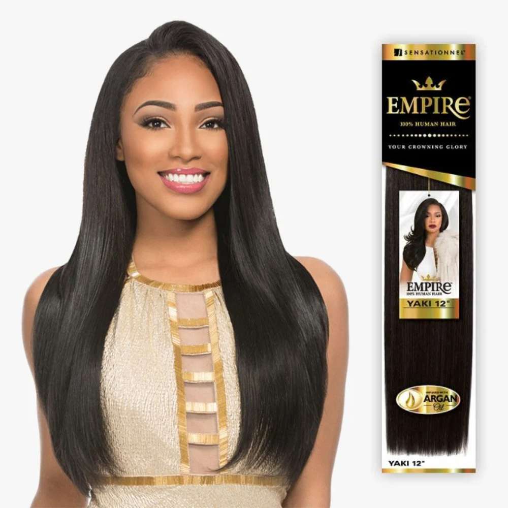 Woman with long black hair next to an Empire hair extensions package on a white background